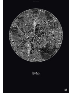 Affiche Seoul – Poster vue satellite 2.5km N&B | Gravura – Fond foncé