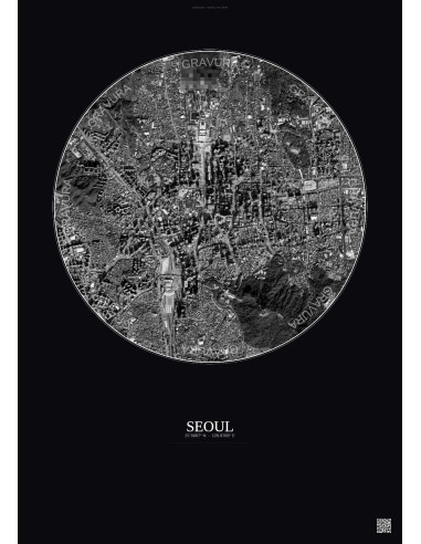 Affiche Seoul – Poster vue satellite 2.5km N&B | Gravura – Fond foncé