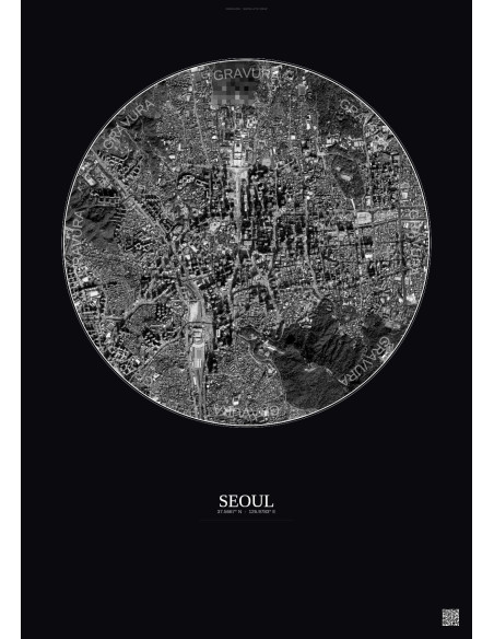 Affiche Seoul – Poster vue satellite 2.5km N&B | Gravura – Fond foncé