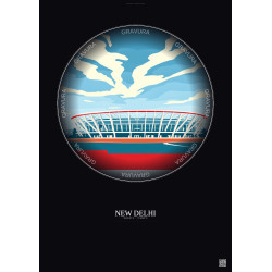 Affiche New Delhi – Poster illustration vintage – Jawaharlal Nehru Stadium | Gravura – Fond foncé