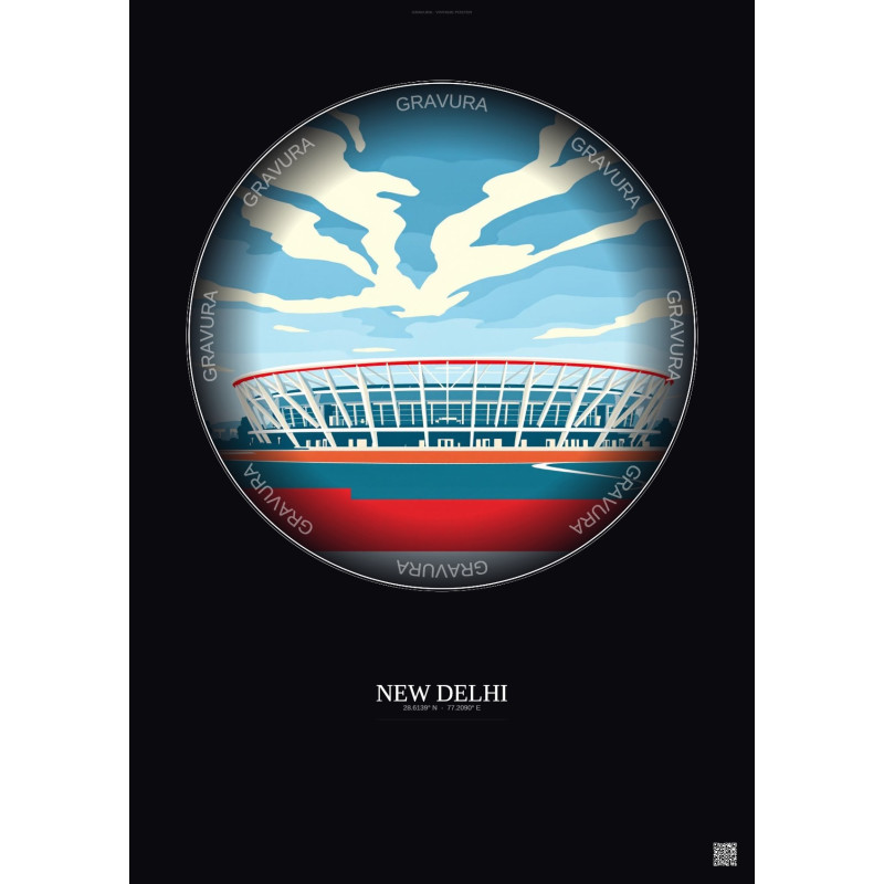 Affiche New Delhi – Poster illustration vintage – Jawaharlal Nehru Stadium | Gravura – Fond foncé