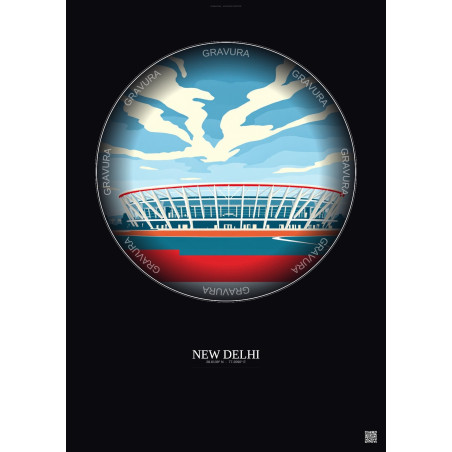 Affiche New Delhi – Poster illustration vintage – Jawaharlal Nehru Stadium | Gravura – Fond foncé