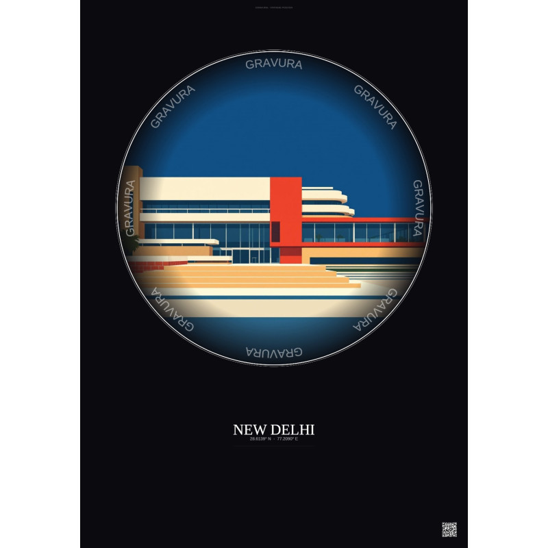 Affiche New Delhi – Poster illustration vintage – National Museum | Gravura – Fond foncé