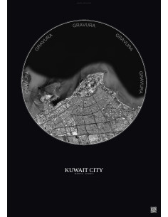 Affiche Kuwait City – Poster vue satellite 10km N&B | Gravura – Fond foncé