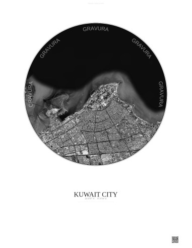 Affiche Kuwait City – Poster vue satellite 10km N&B | Gravura – Fond clair