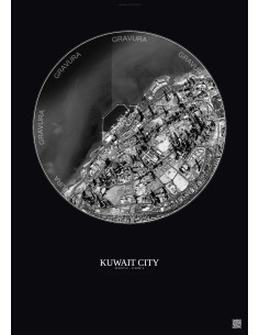 Affiche Kuwait City – Poster vue satellite 2.5km N&B | Gravura – Fond foncé