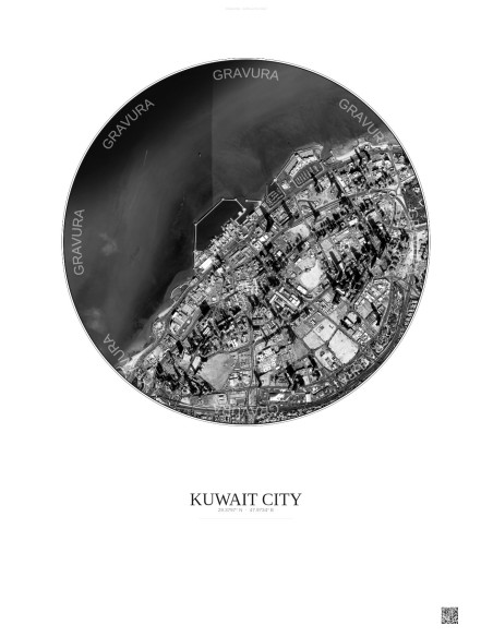 Affiche Kuwait City – Poster vue satellite 2.5km N&B | Gravura – Fond clair