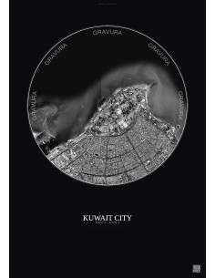 Affiche Kuwait City – Poster vue satellite 6km N&B | Gravura – Fond foncé