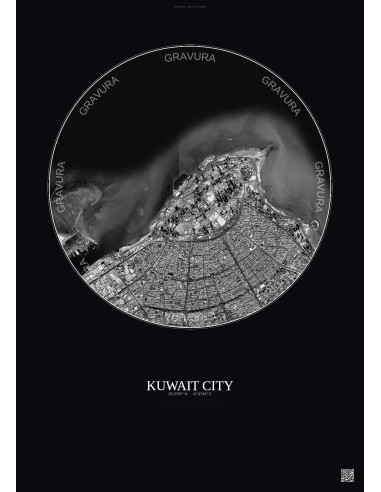 Kuwait City Satellite View Poster 6km B&W | Gravura – Dark background