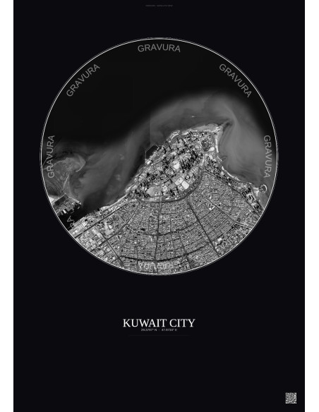 Kuwait City Satellite View Poster 6km B&W | Gravura – Dark background