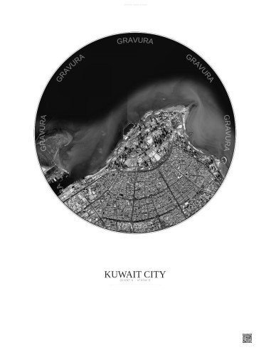 Affiche Kuwait City – Poster vue satellite 6km N&B | Gravura – Fond clair