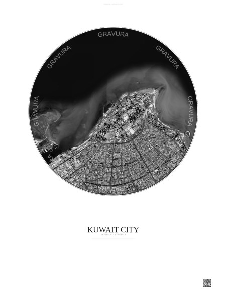Affiche Kuwait City – Poster vue satellite 6km N&B | Gravura – Fond clair