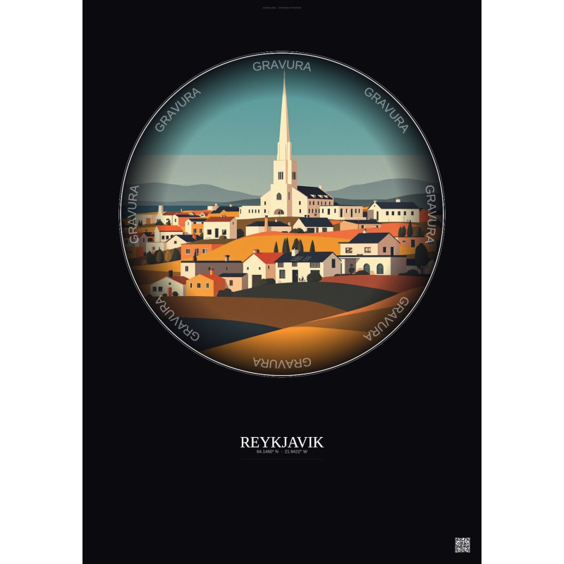 Affiche Reykjavik – Poster illustration vintage – Famous Viewpoint Of Reykjavik | Gravura – Fond foncé