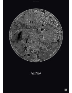 Affiche Astana – Poster vue satellite 10km N&B | Gravura – Fond foncé