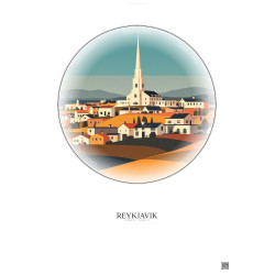 Affiche Reykjavik – Poster illustration vintage – Famous Viewpoint Of Reykjavik | Gravura – Fond clair