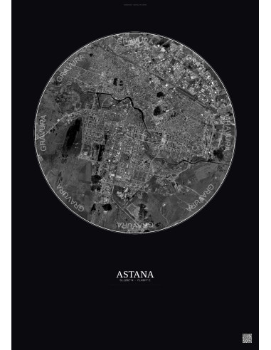 Affiche Astana – Poster vue satellite 10km N&B | Gravura – Fond foncé