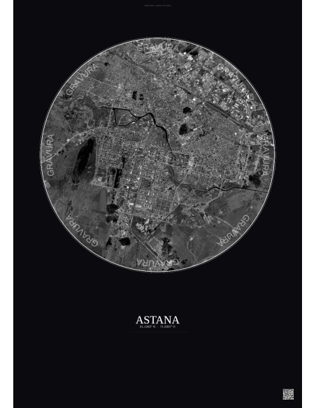 Affiche Astana – Poster vue satellite 10km N&B | Gravura – Fond foncé