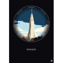 Affiche Reykjavik – Poster illustration vintage – Most Iconic Landmark Of Reykjavik | Gravura – Fond foncé