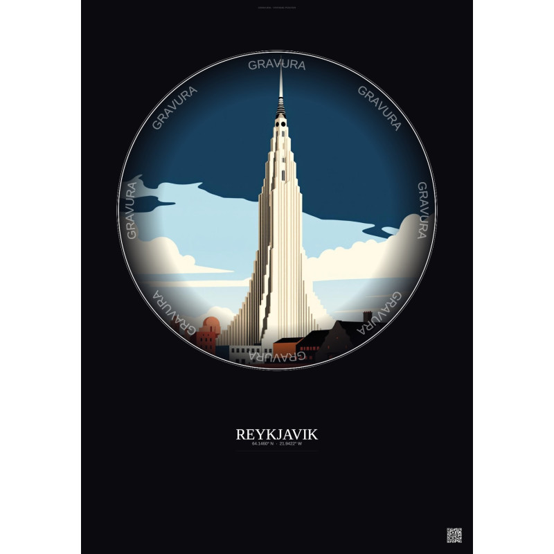 Affiche Reykjavik – Poster illustration vintage – Most Iconic Landmark Of Reykjavik | Gravura – Fond foncé
