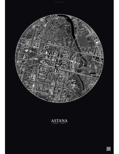 Affiche Astana – Poster vue satellite 2.5km N&B | Gravura – Fond foncé