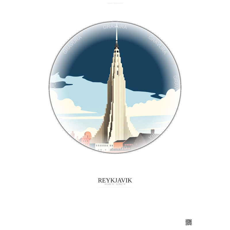 Reykjavik Vintage Travel Poster – Most Iconic Landmark Of Reykjavik | Gravura – Light background