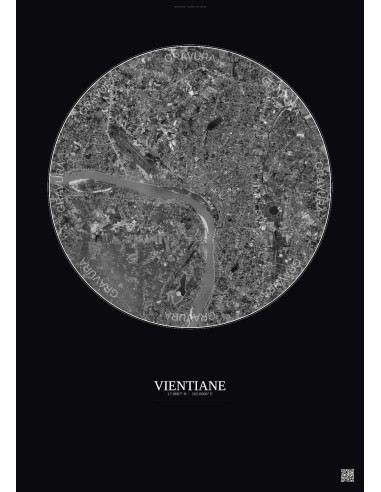 Vientiane Satellite View Poster 10km B&W | Gravura – Dark background