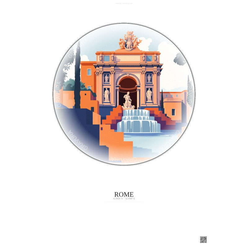 Affiche Rome – Poster illustration vintage – Trevi Fountain | Gravura – Fond clair