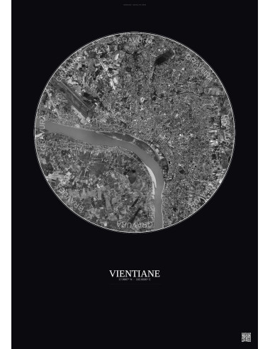 Affiche Vientiane – Poster vue satellite 6km N&B | Gravura – Fond foncé