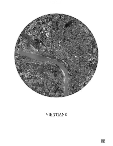Affiche Vientiane – Poster vue satellite 6km N&B | Gravura – Fond clair