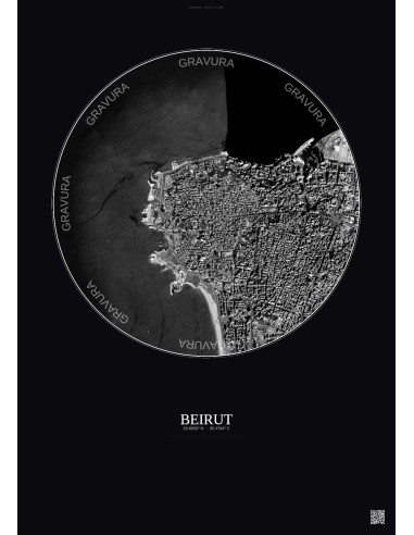 Affiche Beirut – Poster vue satellite 2.5km N&B | Gravura – Fond foncé