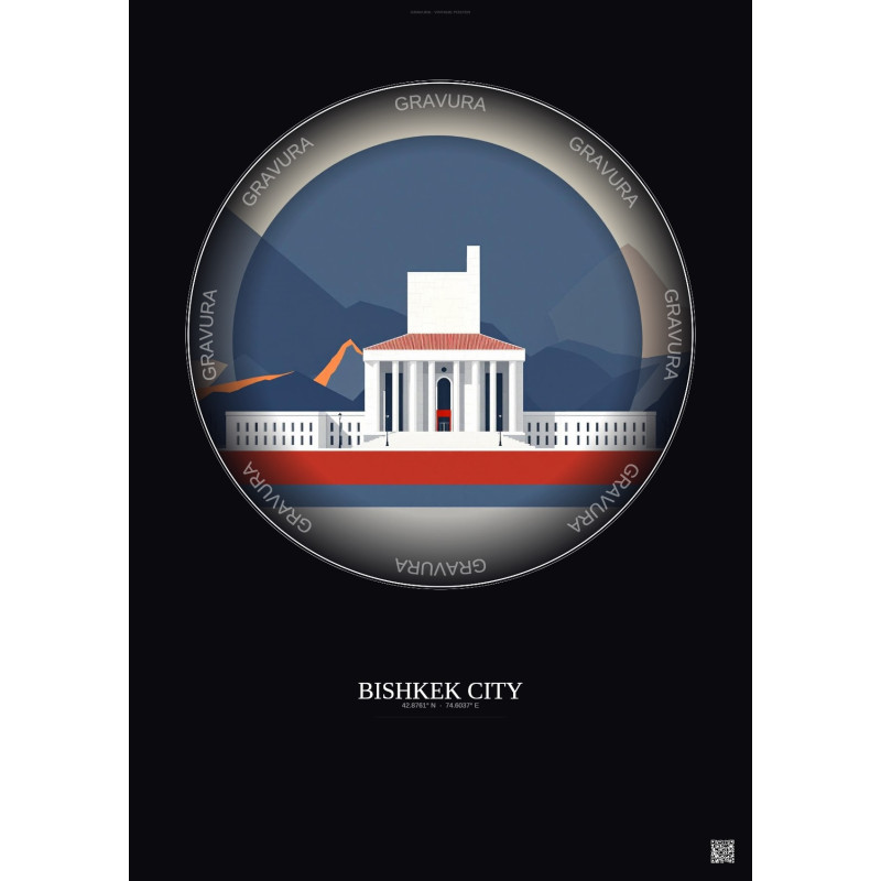Affiche Bishkek City – Poster illustration vintage – Famous Viewpoint Of Bishkek City | Gravura – Fond foncé