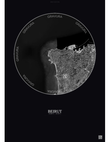 Beirut Satellite View Poster 6km B&W | Gravura – Dark background