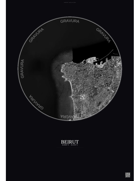 Beirut Satellite View Poster 6km B&W | Gravura – Dark background