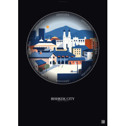 Affiche Bishkek City – Poster illustration vintage – Historic Old Town Of Bishkek City | Gravura – Fond foncé