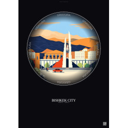 Affiche Bishkek City – Poster illustration vintage – Most Iconic Landmark Of Bishkek City | Gravura – Fond foncé