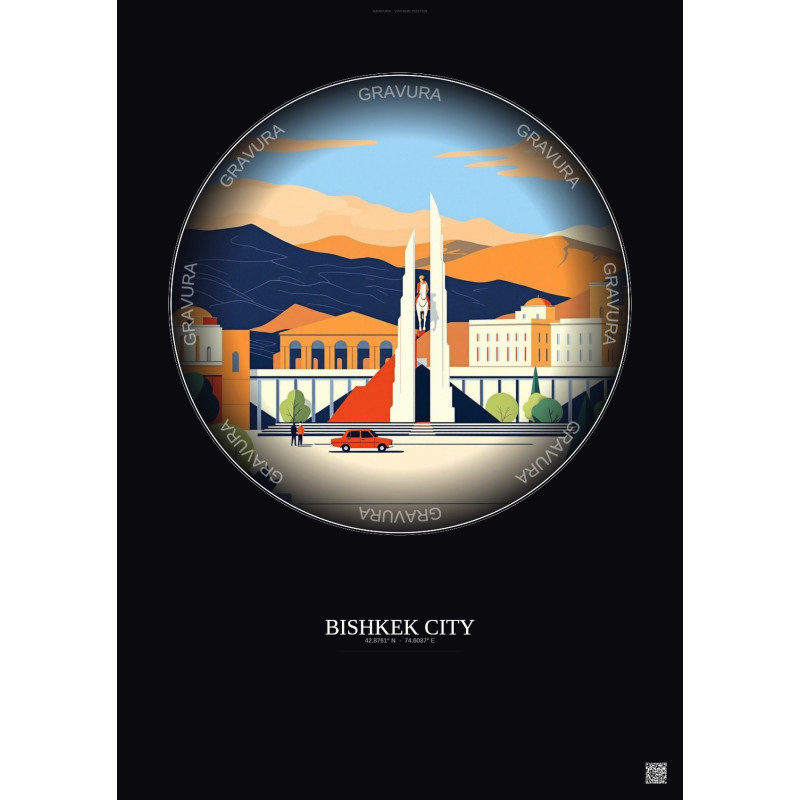 Affiche Bishkek City – Poster illustration vintage – Most Iconic Landmark Of Bishkek City | Gravura – Fond foncé