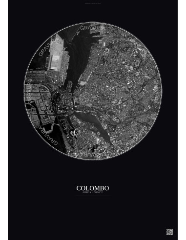 Affiche Colombo – Poster vue satellite 2.5km N&B | Gravura – Fond foncé