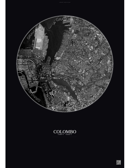 Affiche Colombo – Poster vue satellite 2.5km N&B | Gravura – Fond foncé