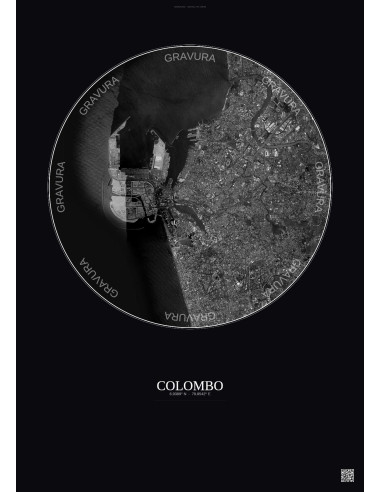 Affiche Colombo – Poster vue satellite 6km N&B | Gravura – Fond foncé