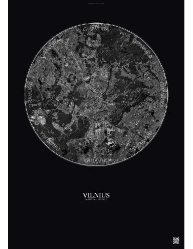 Affiche Vilnius – Poster vue satellite 10km N&B | Gravura – Fond foncé