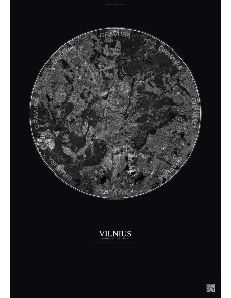 Affiche Vilnius – Poster vue satellite 10km N&B | Gravura – Fond foncé