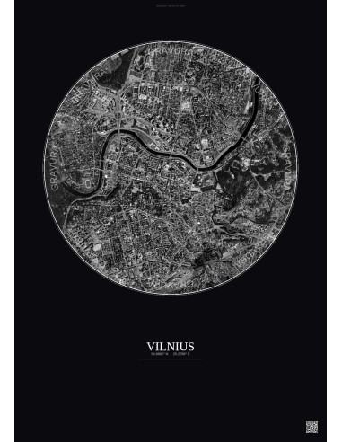 Affiche Vilnius – Poster vue satellite 2.5km N&B | Gravura – Fond foncé