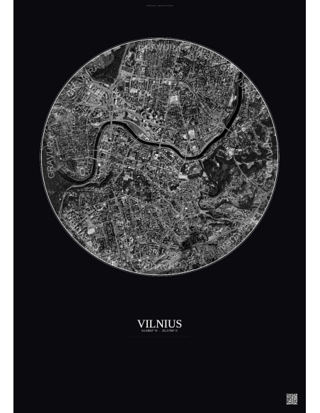 Affiche Vilnius – Poster vue satellite 2.5km N&B | Gravura – Fond foncé