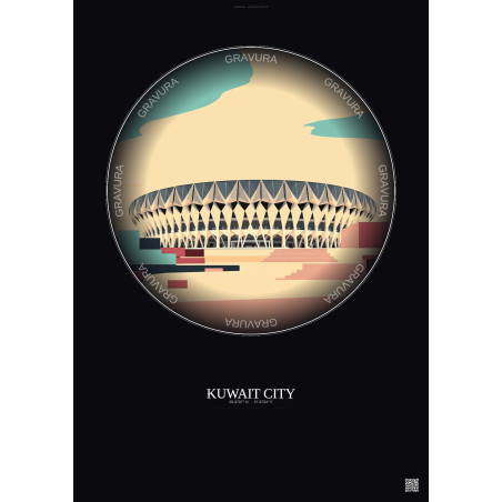 Affiche Kuwait City – Poster illustration vintage – Jaber Al Ahmad International Stadium | Gravura – Fond foncé