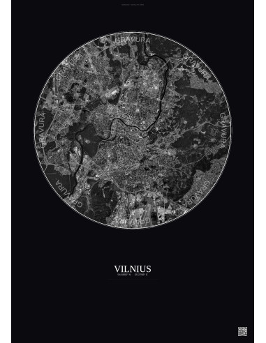 Vilnius Satellite View Poster 6km B&W | Gravura – Dark background