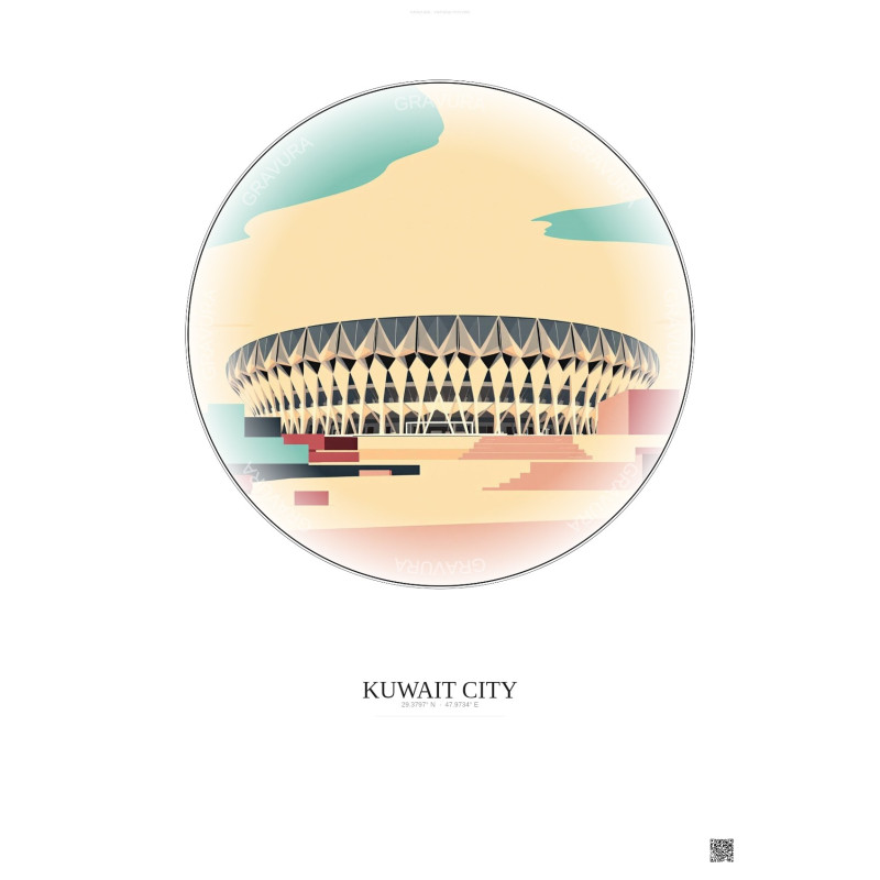 Affiche Kuwait City – Poster illustration vintage – Jaber Al Ahmad International Stadium | Gravura – Fond clair