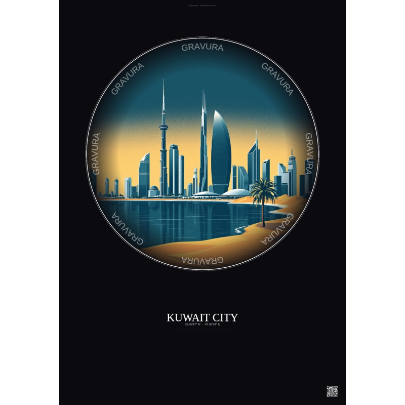 Affiche Kuwait City – Poster illustration vintage – Kuwait City | Gravura – Fond foncé