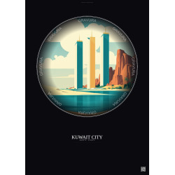 Affiche Kuwait City – Poster illustration vintage – Kuwait Towers | Gravura – Fond foncé