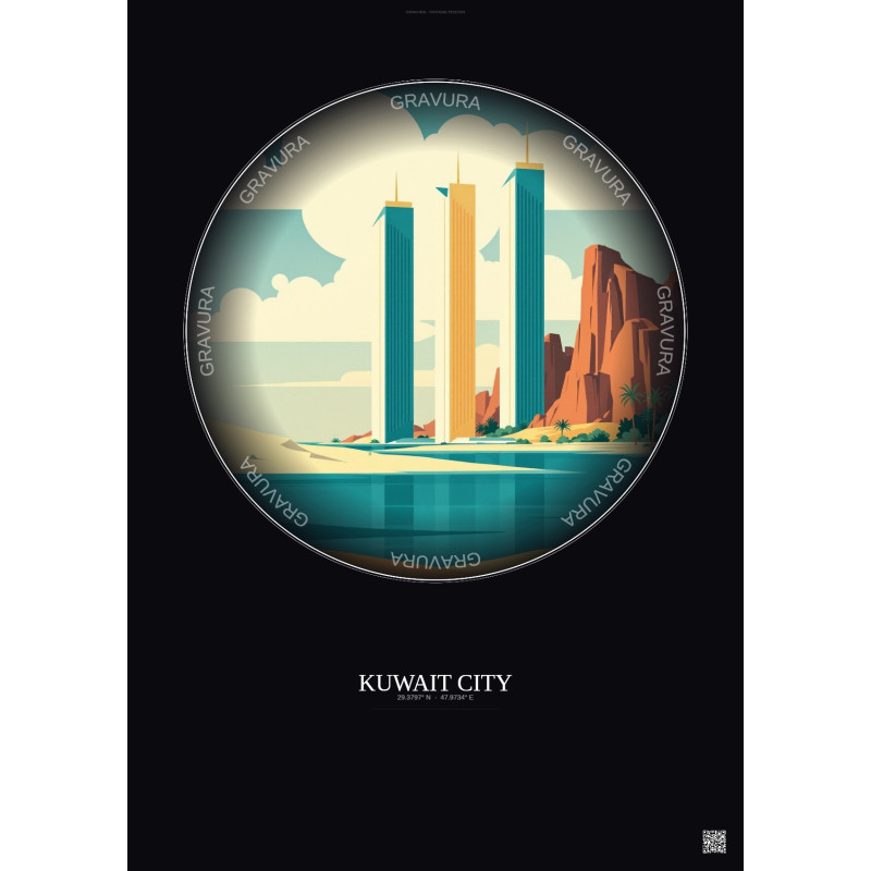 Affiche Kuwait City – Poster illustration vintage – Kuwait Towers | Gravura – Fond foncé