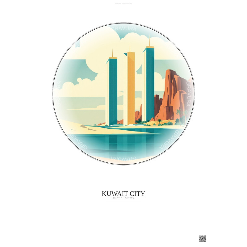 Affiche Kuwait City – Poster illustration vintage – Kuwait Towers | Gravura – Fond clair